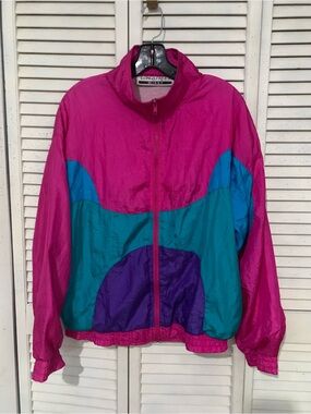 Vintage 1980s Longstreet Missy Color Block Full Zip Front Nylon Jacket L/XL